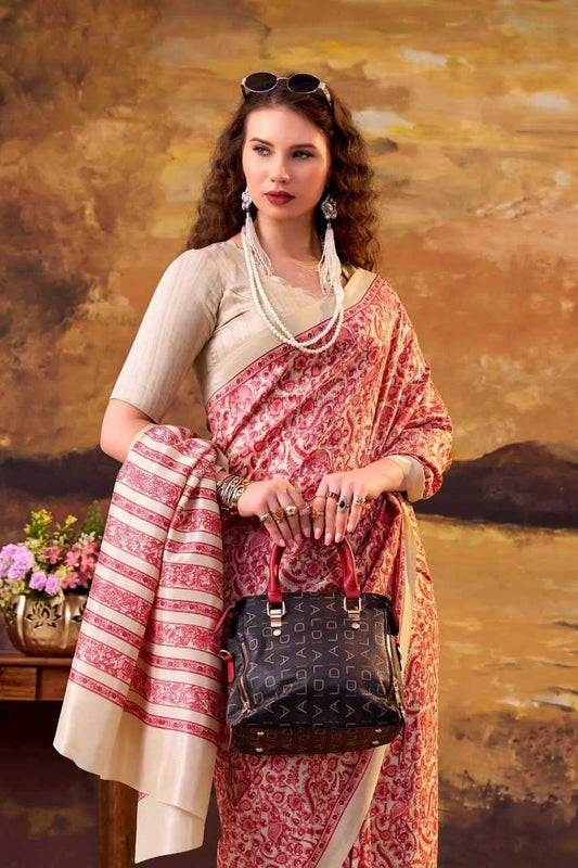 Peach Tussar Silk Printed Designer Saree