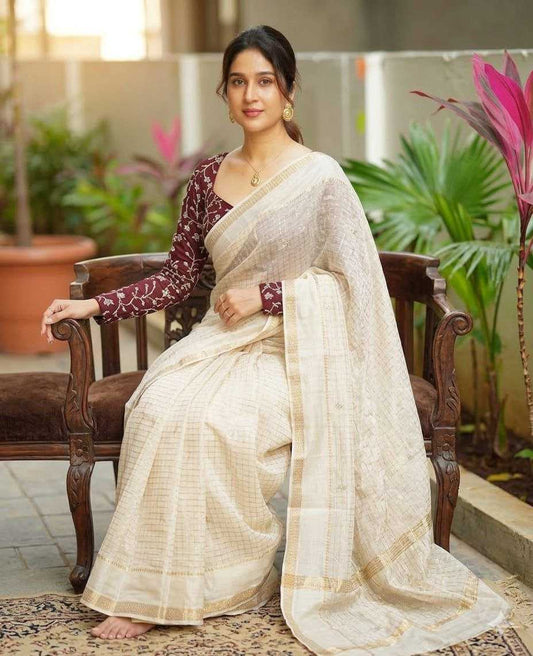 Ivory Soft Net Saree with Sequin & Beads Embroidery and Designer Blouse