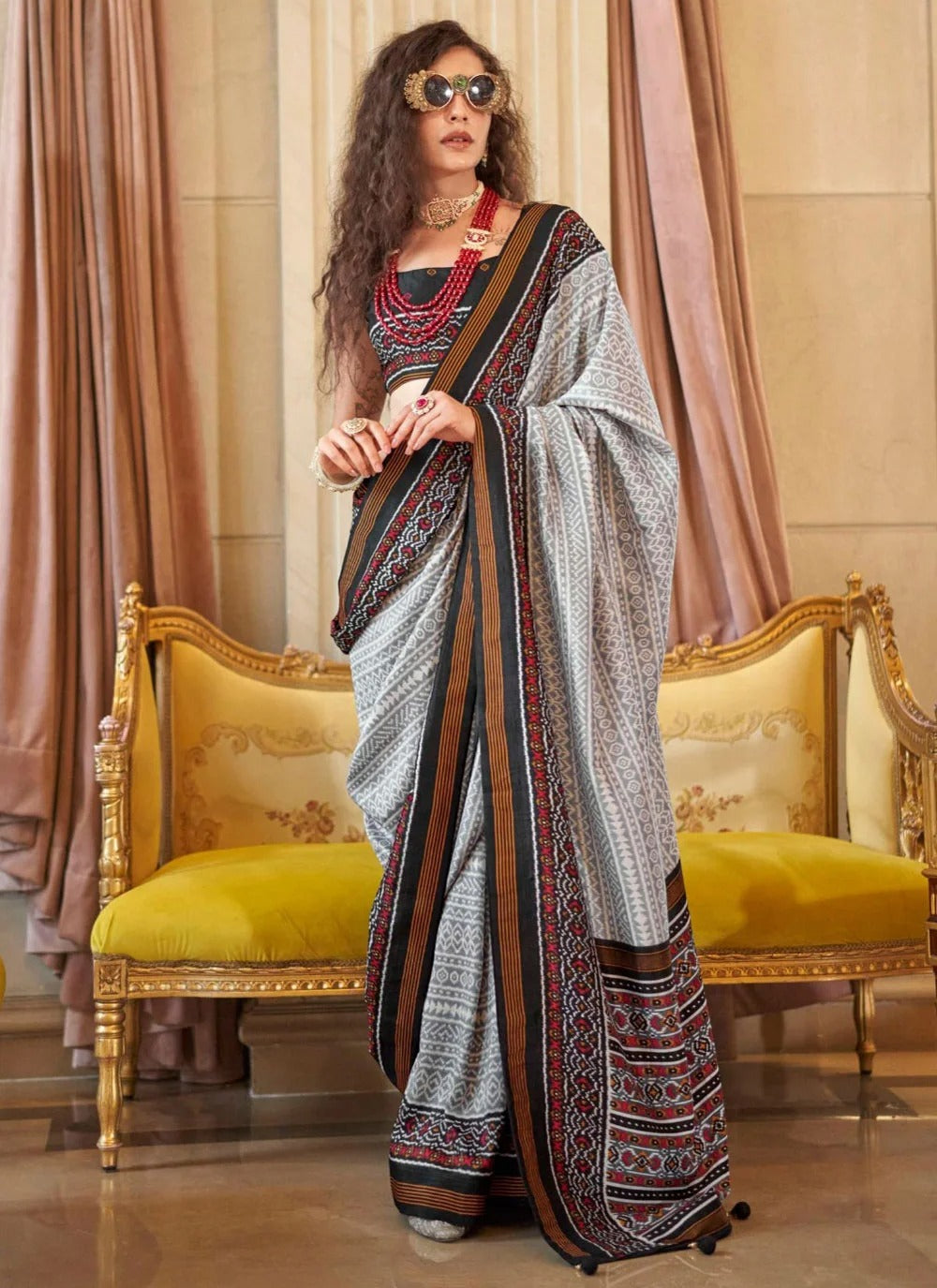 Gray Double Ikkat Super P.V Silk Saree with Signature Print & Radiant Finish | Designer Festive & Party Wear Saree