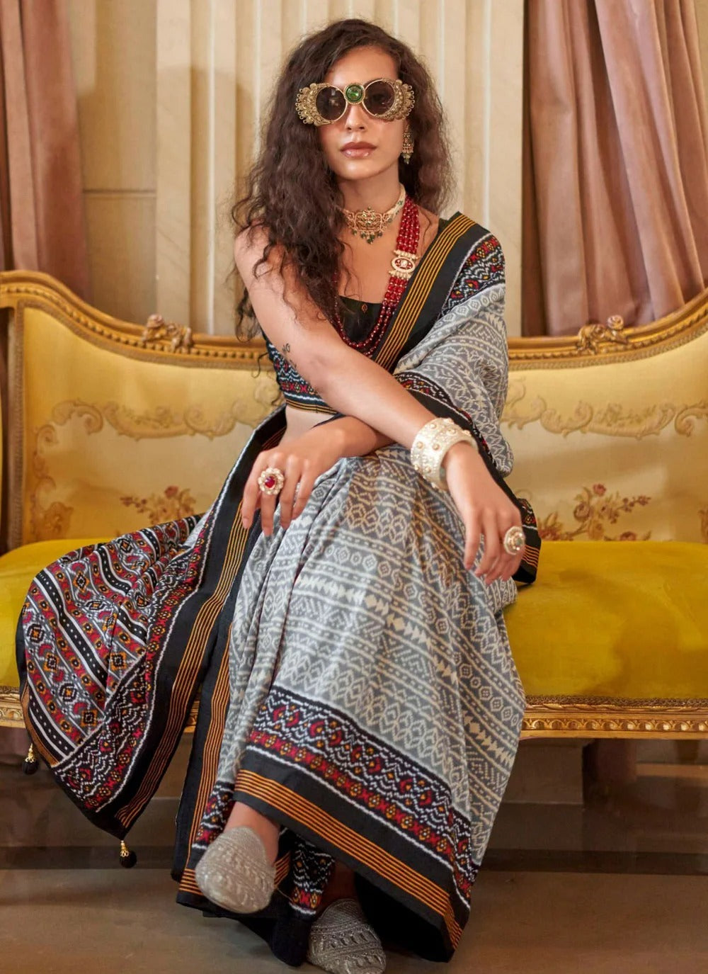 Gray Double Ikkat Super P.V Silk Saree with Signature Print & Radiant Finish | Designer Festive & Party Wear Saree