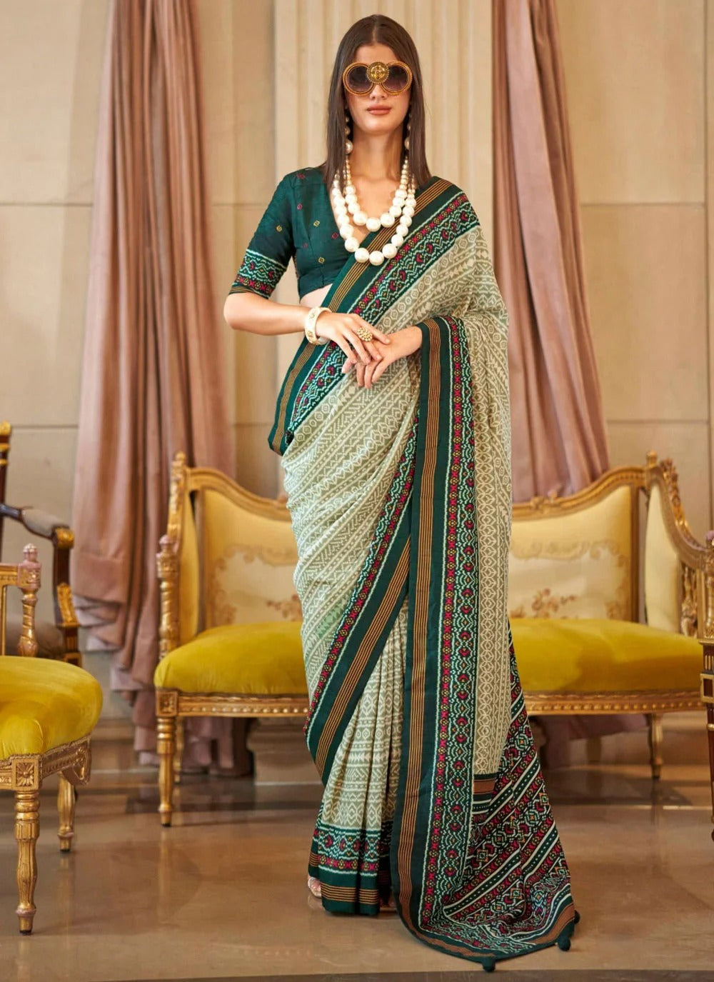 Green Double Ikkat Super P.V Silk Saree with Signature Print & Radiant Finish | Designer Festive & Party Wear Saree