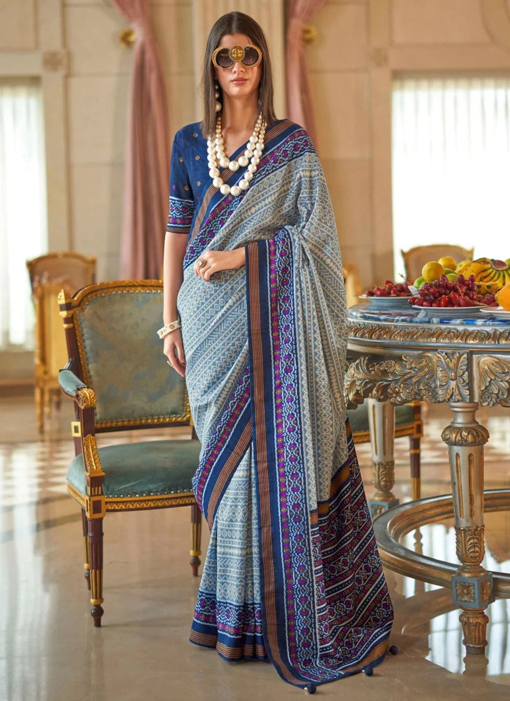 Navy Blue Double Ikkat Super P.V Silk Saree with Signature Print & Radiant Finish | Designer Festive & Party Wear Saree