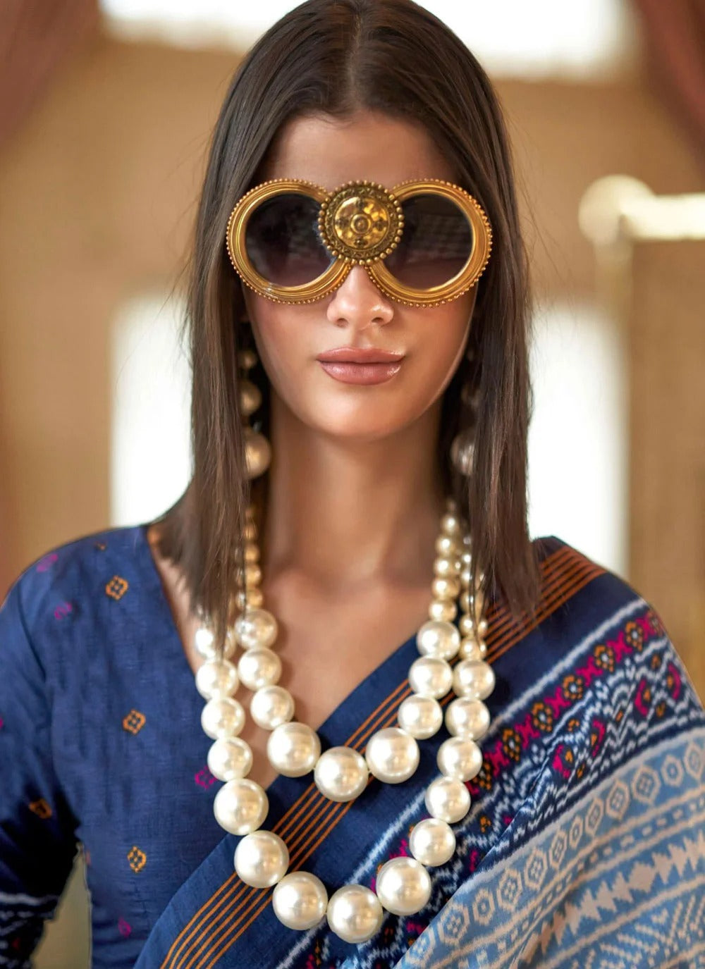 Navy Blue Double Ikkat Super P.V Silk Saree with Signature Print & Radiant Finish | Designer Festive & Party Wear Saree