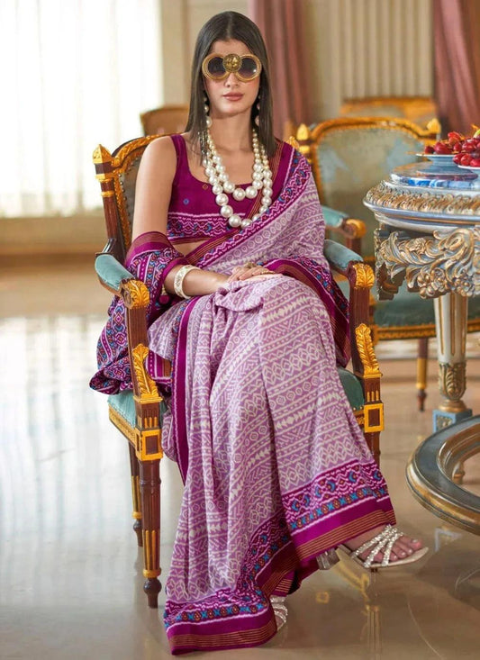 Purple Double Ikkat Super P.V Silk Saree with Signature Print & Radiant Finish | Designer Festive & Party Wear Saree - House of ViDi
