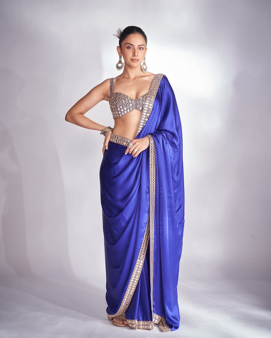 Rakul Preet Inspired Blue Satin Silk Mirror Work Saree – Designer Party Wear Saree with Embroidered Mirror Blouse