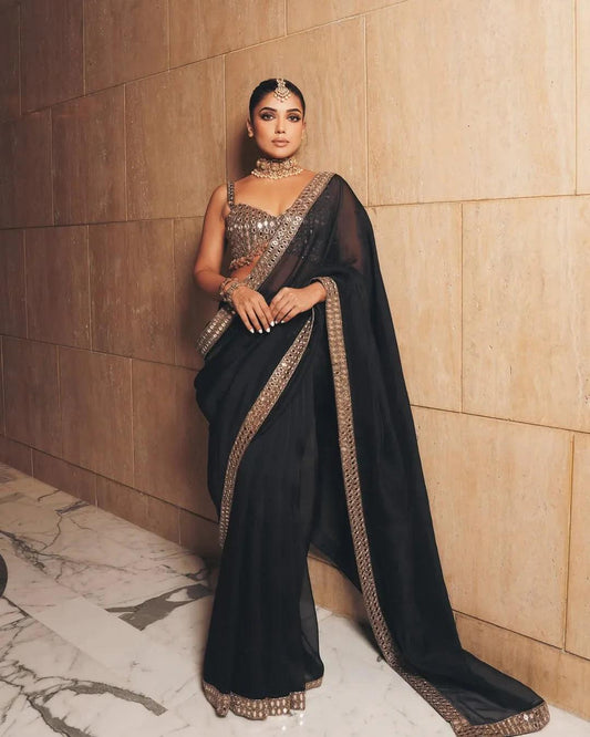 Black Satin Silk Mirror Work Saree – Designer Party Wear Saree with Embroidered Mirror Blouse - House of ViDi