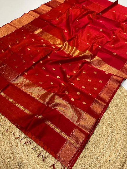 Pure Maheshwari Handloom Silk-Cotton Saree – Red with Golden Butti & Broad Zari Border