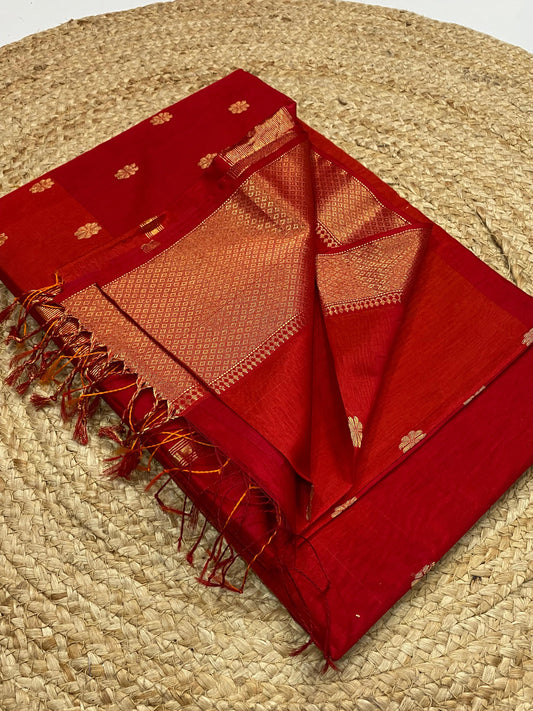 Pure Maheshwari Handloom Silk-Cotton Saree – Red with Golden Butti & Broad Zari Border