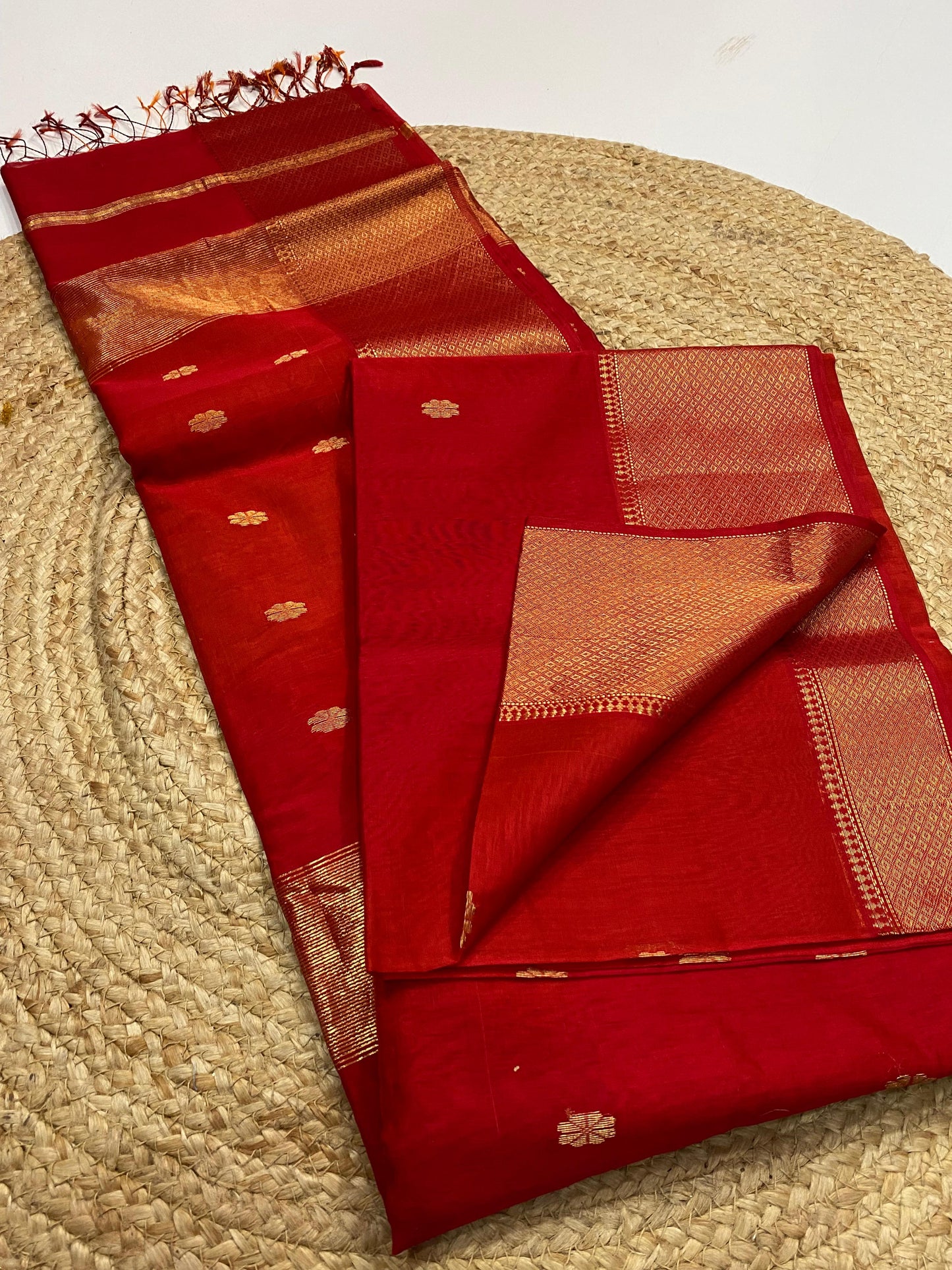 Pure Maheshwari Handloom Silk-Cotton Saree – Red with Golden Butti & Broad Zari Border