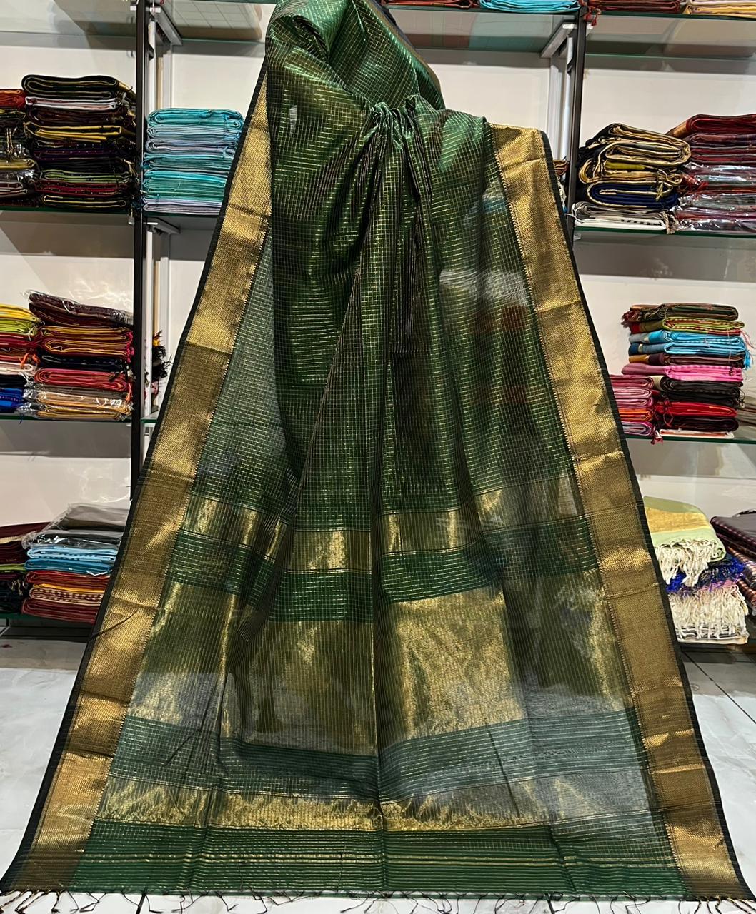 Dark Green Pure Maheshwari Handwoven Silk-Cotton Zari Checks Saree with Traditional Border