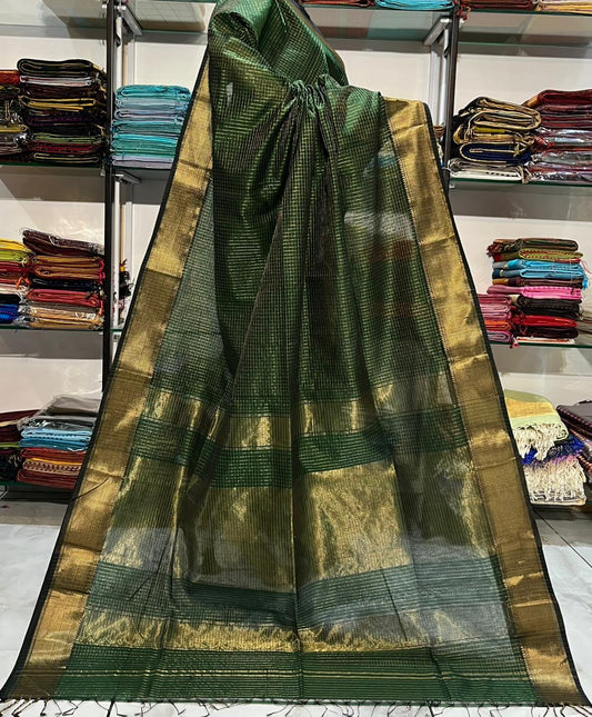 Dark Green Pure Maheshwari Handwoven Silk-Cotton Zari Checks Saree with Traditional Border - House of ViDi