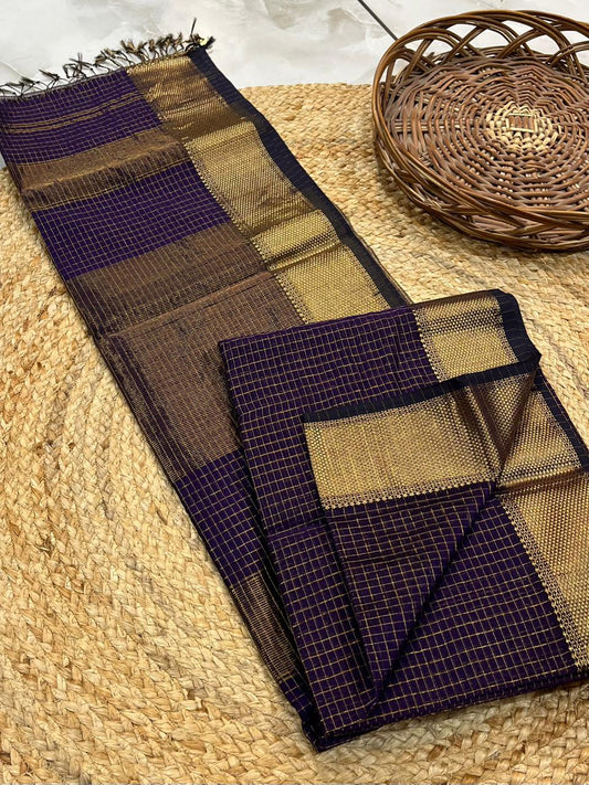 Purple Pure Maheshwari Handwoven Silk-Cotton Zari Checks Saree with Traditional Border - House of ViDi