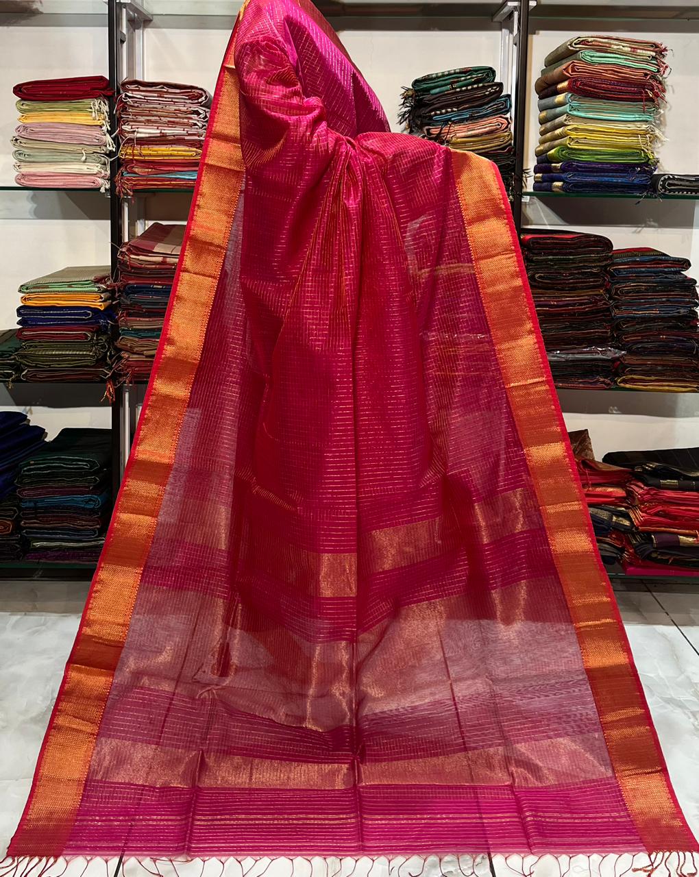 Rani Pink Pure Maheshwari Handwoven Silk-Cotton Zari Checks Saree with Traditional Border