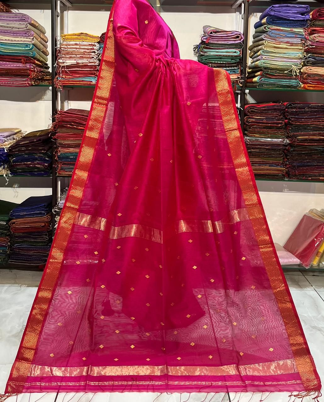 Rani Pink Traditional Pure Maheshwari Handwoven Nayanatara Buti Saree