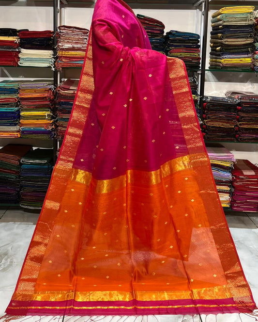 Rani Pink & Orange Traditional Pure Maheshwari Handwoven Nayanatara Buti Saree