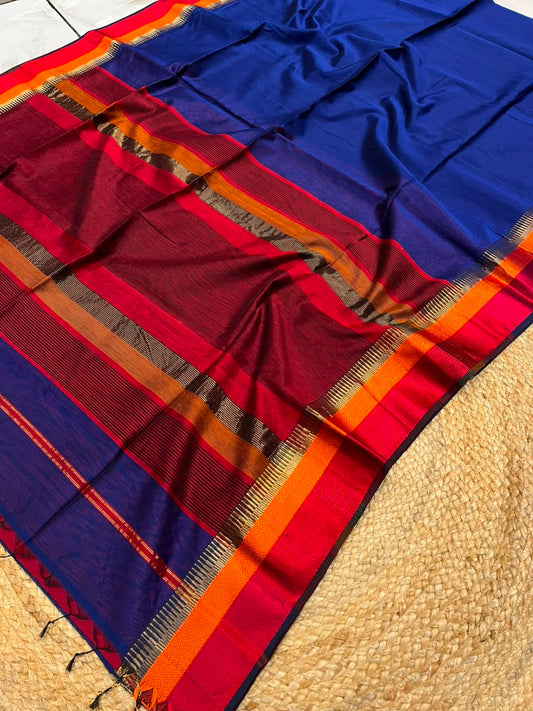 Royal Blue Pure Maheshwari Handwoven Multi-Kel Border Silk Cotton Saree