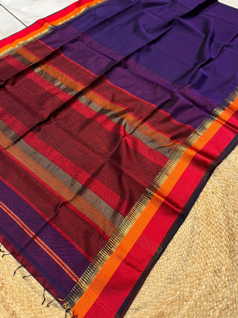 Royal Purple Pure Maheshwari Handwoven Multi-Kel Border Silk Cotton Saree