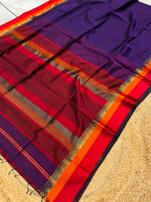 Royal Purple Pure Maheshwari Handwoven Multi-Kel Border Silk Cotton Saree