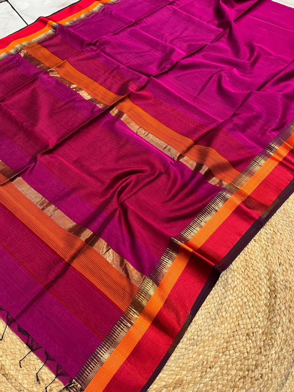 Rani Pink Pure Maheshwari Handwoven Multi-Kel Border Silk Cotton Saree