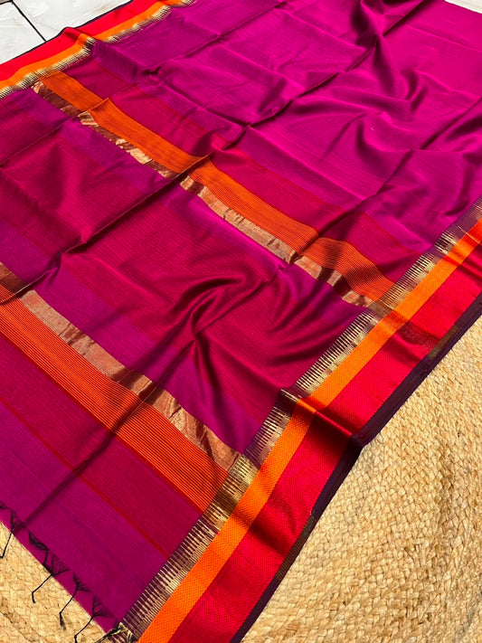 Rani Pink Pure Maheshwari Handwoven Multi-Kel Border Silk Cotton Saree