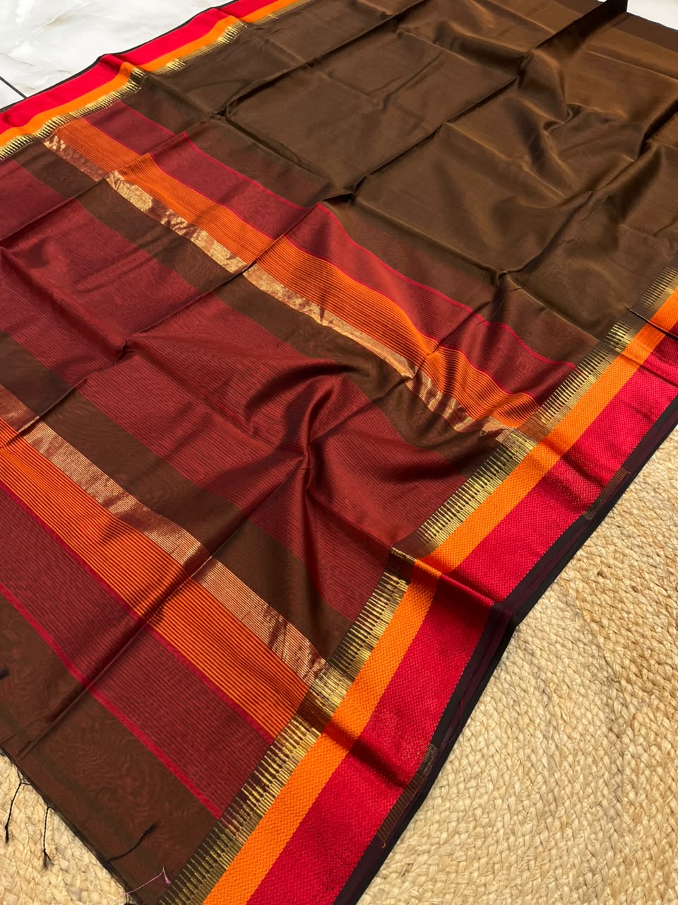 Dark Brown Pure Maheshwari Handwoven Multi-Kel Border Silk Cotton Saree