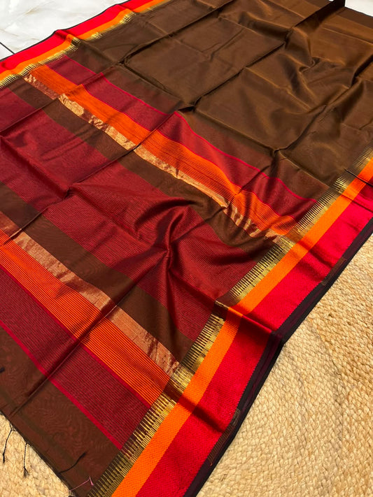 Dark Brown Pure Maheshwari Handwoven Multi-Kel Border Silk Cotton Saree
