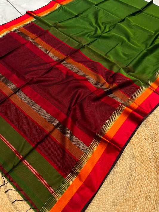 Bottle Green Pure Maheshwari Handwoven Multi-Kel Border Silk Cotton Saree