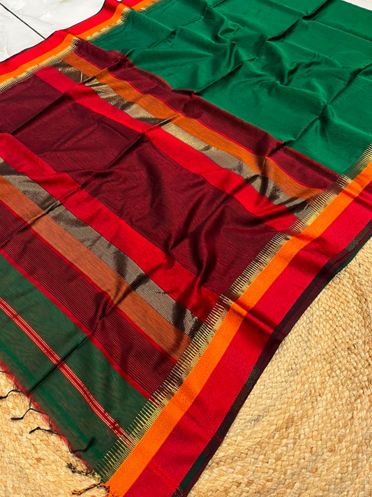 Teal Green Pure Maheshwari Handwoven Multi-Kel Border Silk Cotton Saree