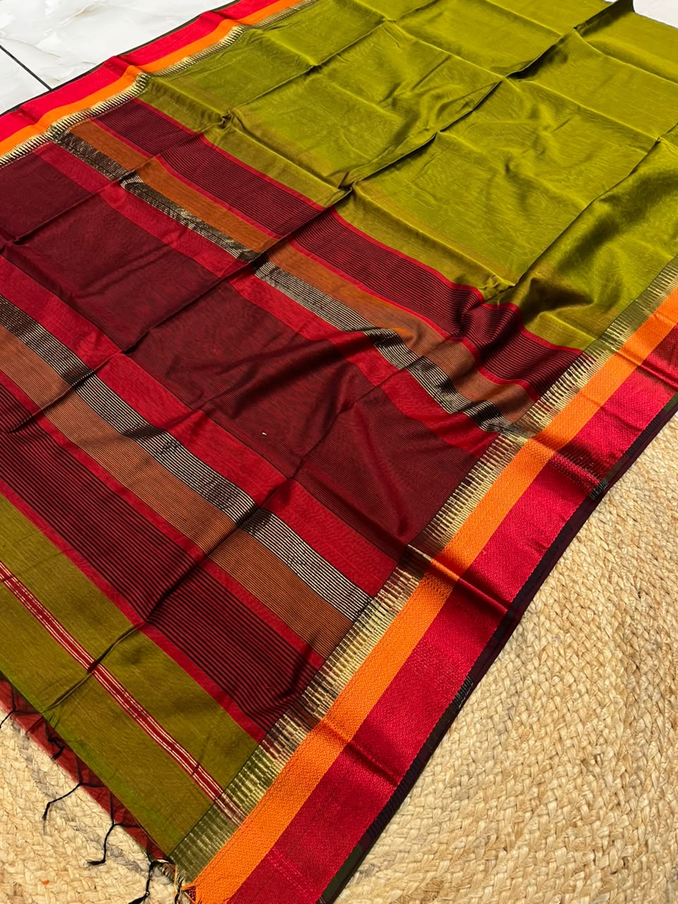 Mustard Olive Pure Maheshwari Handwoven Multi-Kel Border Silk Cotton Saree