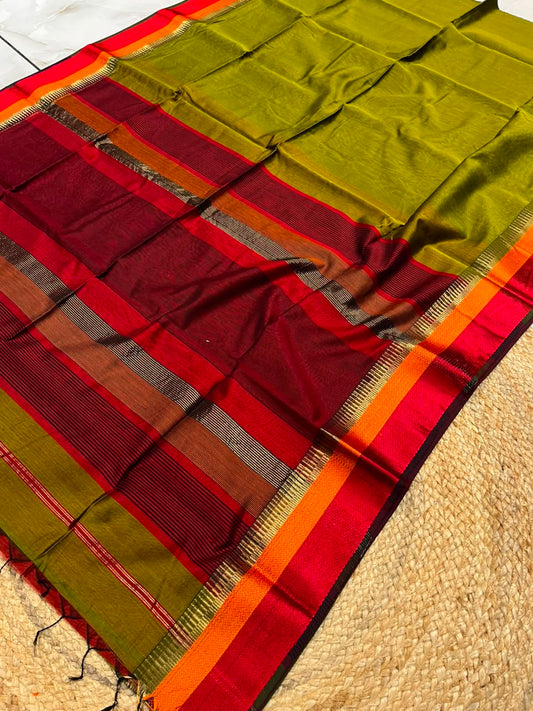 Mustard Olive Pure Maheshwari Handwoven Multi-Kel Border Silk Cotton Saree