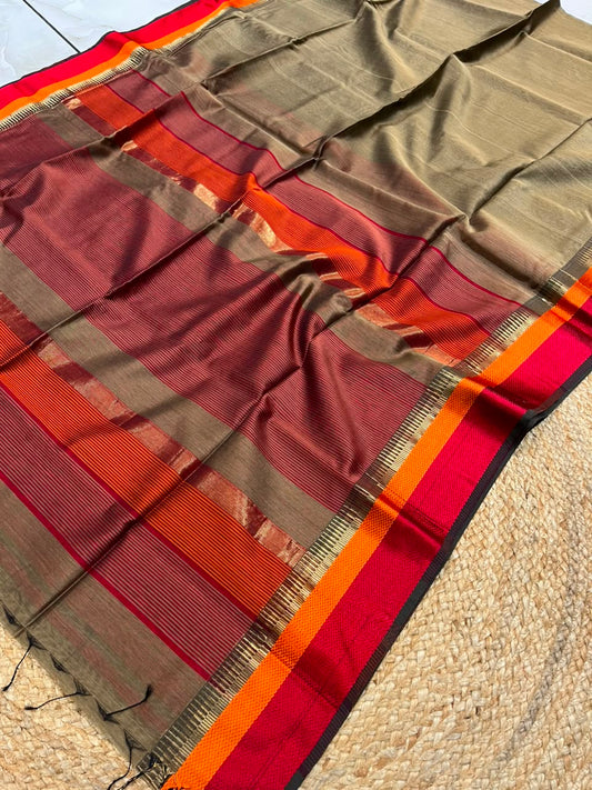 Olive Brown Pure Maheshwari Handwoven Multi-Kel Border Silk Cotton Saree