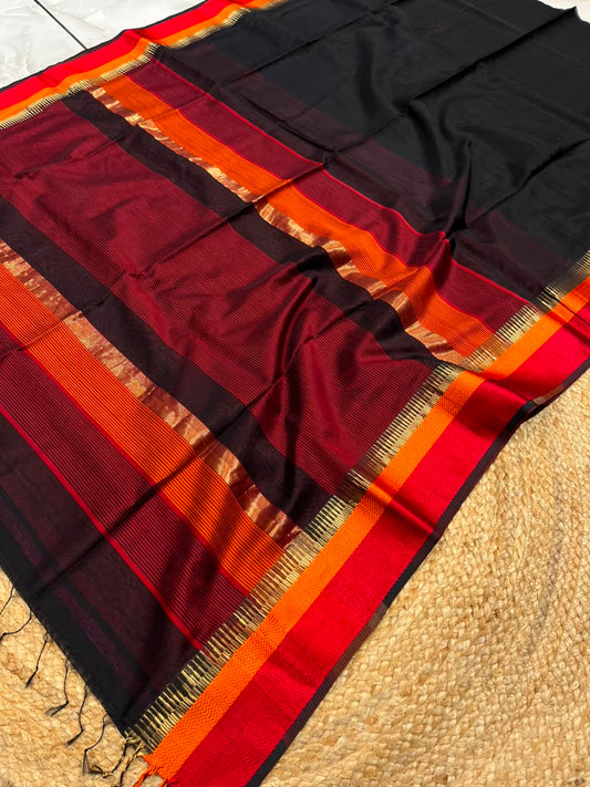 Black Pure Maheshwari Handwoven Multi-Kel Border Silk Cotton Saree