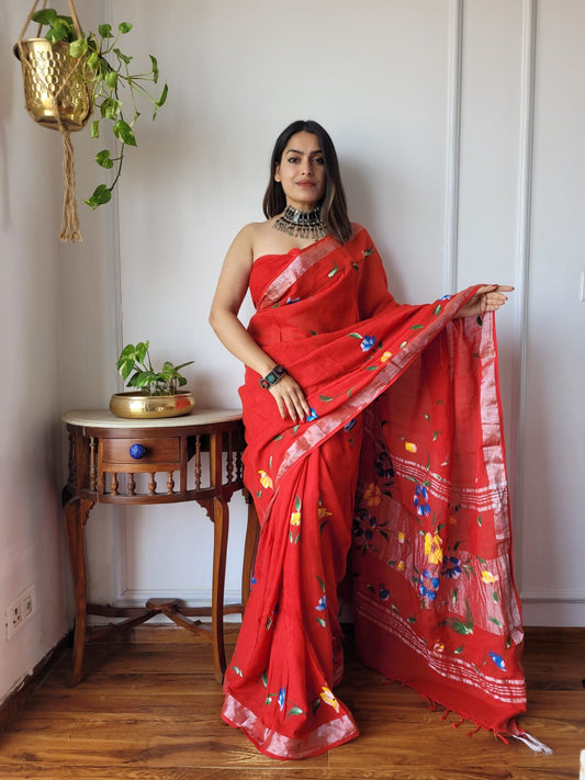 Red Hand Block Printed Linen Saree with Blouse – Natural Dye