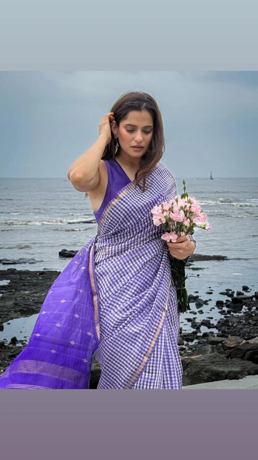 Royal Purple Maheshwari Handwoven Chex Buti Line Pallu Saree