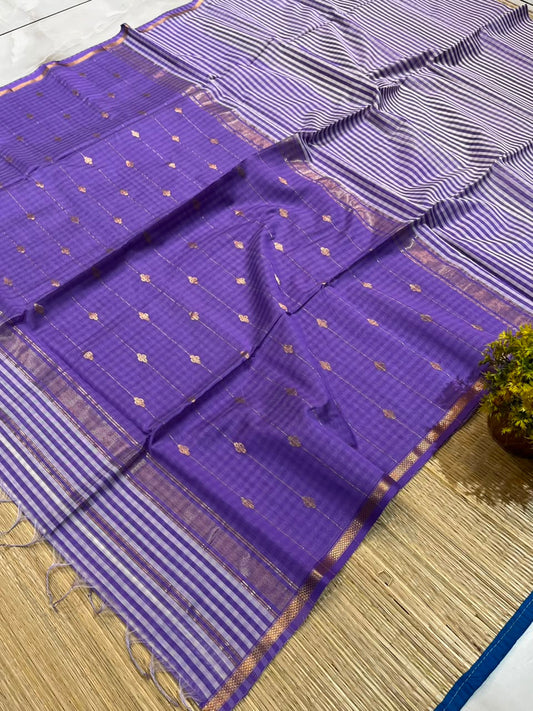 Royal Purple Maheshwari Handwoven Chex Buti Line Pallu Saree