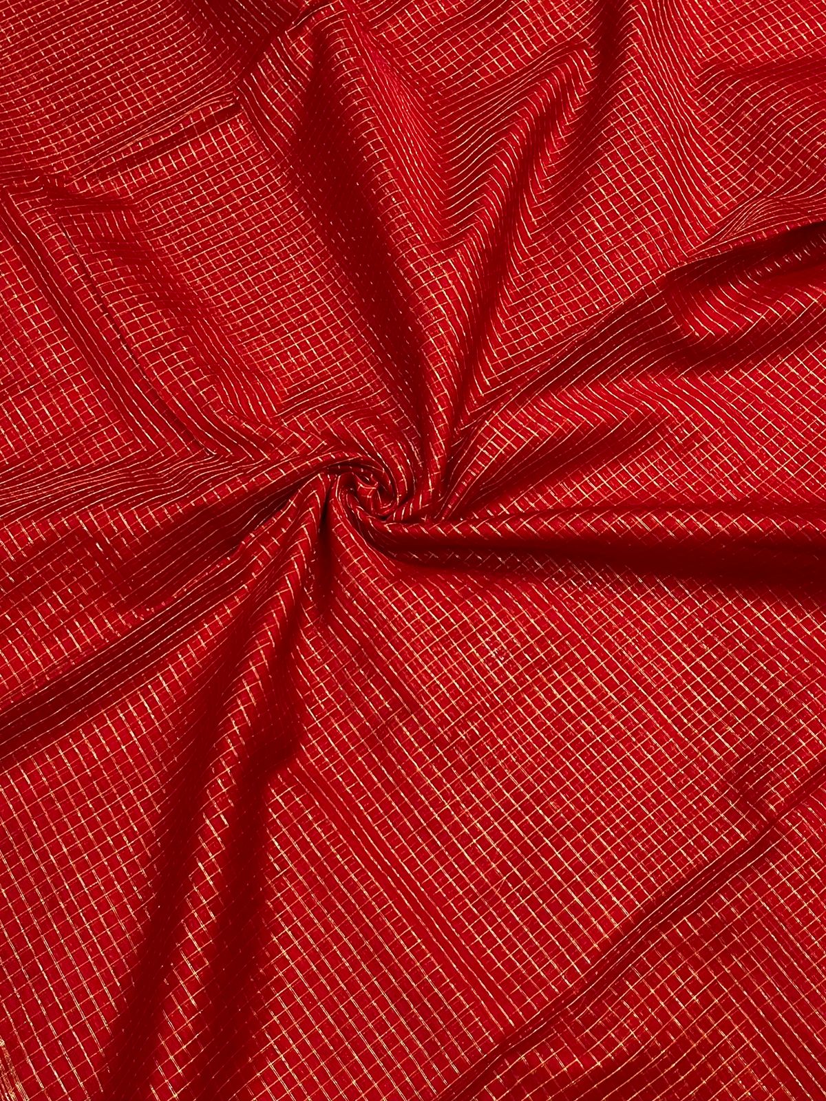 Red Maheshwari Handwoven Zari Chex Saree