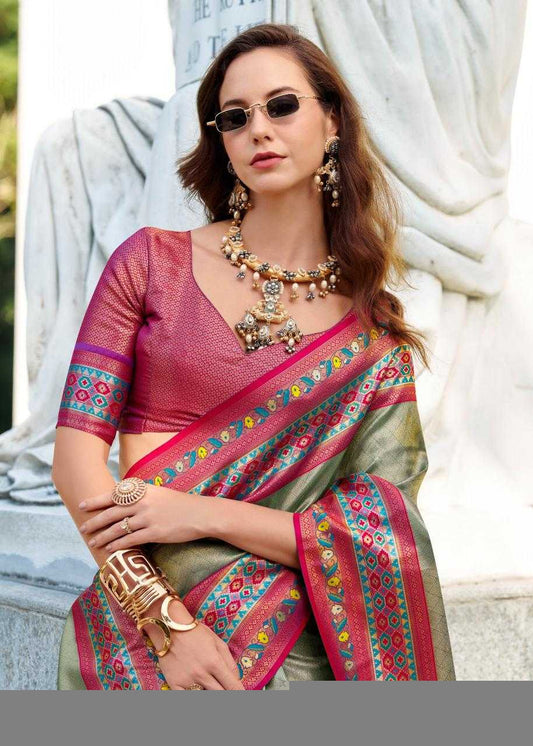 Tissue Silk Party Wear Saree | Elegant Weaving Border & Designer Pallu ✨ | Fancy Silk Saree for Festive Glamour (Rani)
