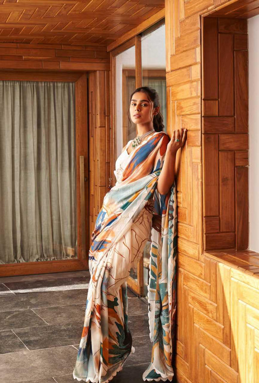 Soft Moss Silk Floral Printed Saree with Unstitched Blouse | Lightweight Summer Wear (Off White) - House of ViDi