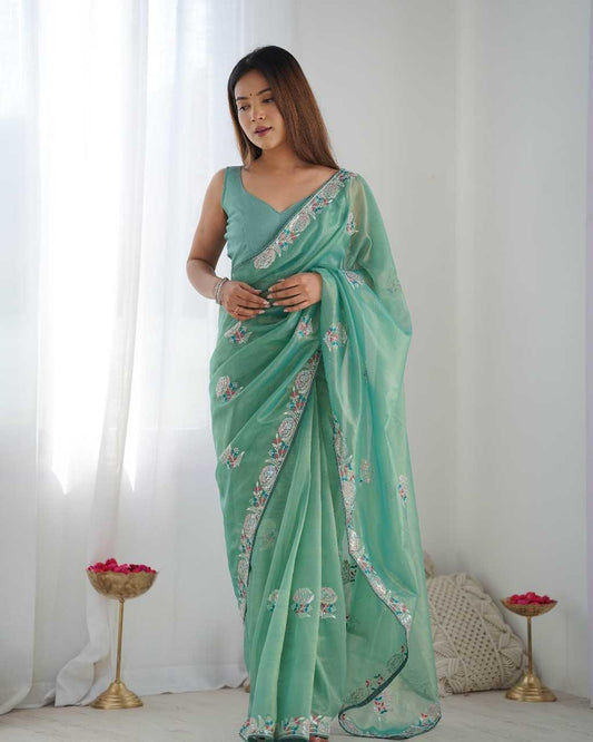 Designer Net Saree with Embroidered Border & Unstitched Banglori Silk Blouse – Party & Festive Wear (Green) - House of ViDi