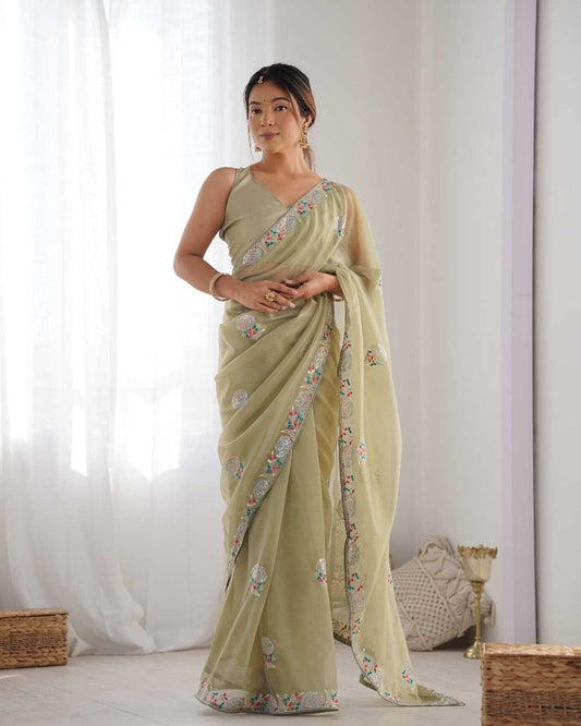 Designer Net Saree with Embroidered Border & Unstitched Banglori Silk Blouse – Party & Festive Wear (Mehndi)