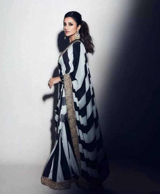 Parineeti Chopra Style Black & White Georgette Saree with Embroidery & Sequin Work – Designer Party Wear - House of ViDi