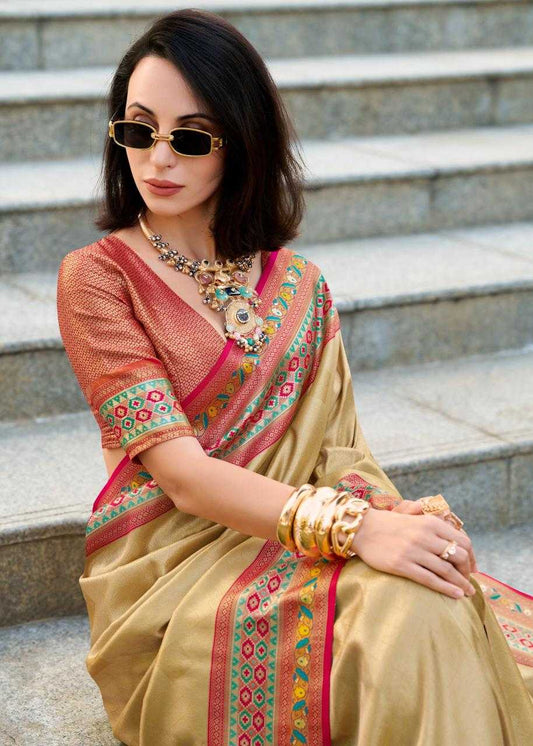 Tissue Silk Party Wear Saree | Elegant Weaving Border & Designer Pallu ✨ | Fancy Silk Saree for Festive Glamour (Beige)