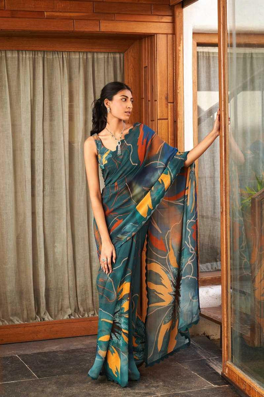 Soft Moss Silk Floral Printed Saree with Unstitched Blouse | Lightweight Summer Wear (Dark Green) - House of ViDi