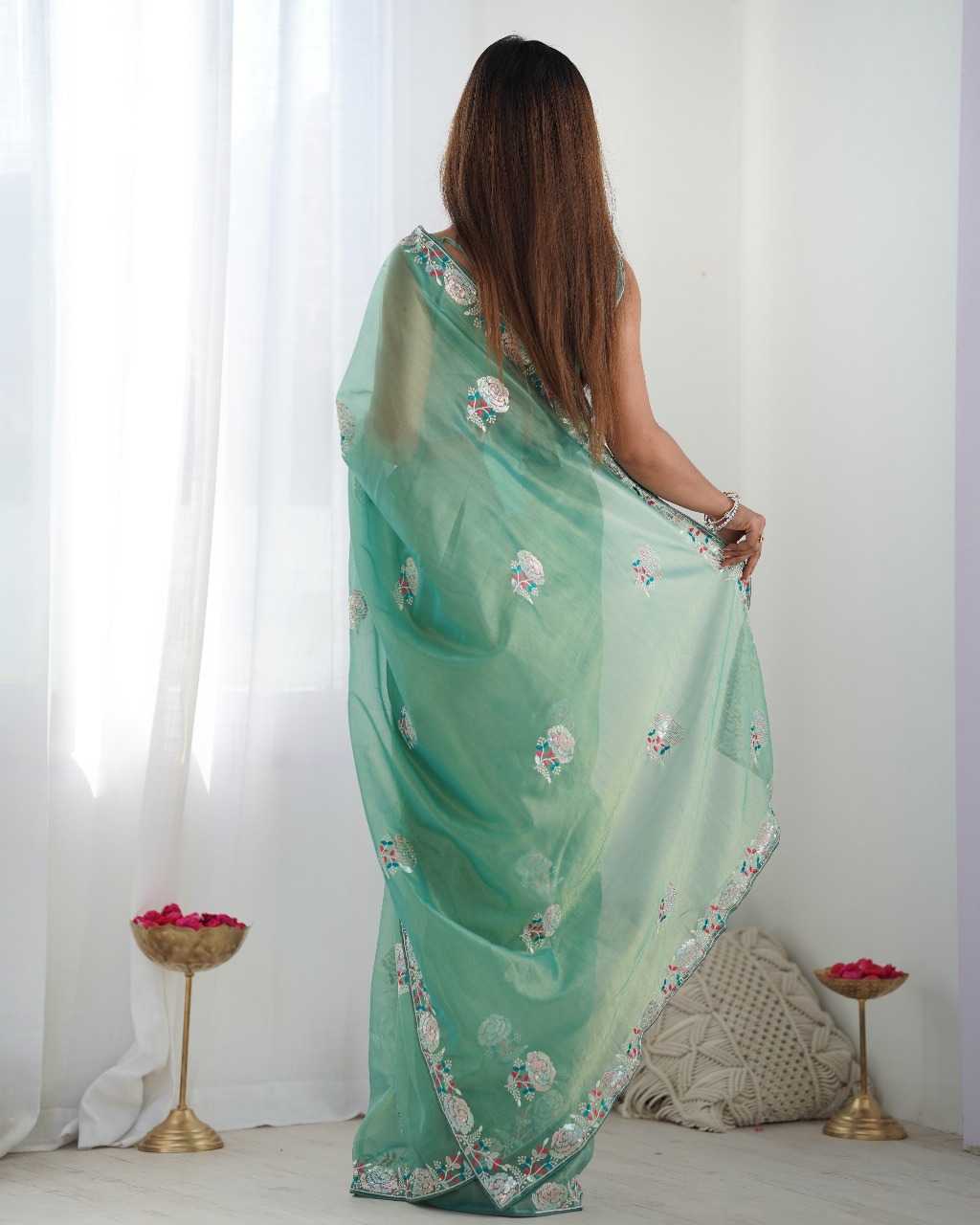 Designer Net Saree with Embroidered Border & Unstitched Banglori Silk Blouse – Party & Festive Wear (Green)