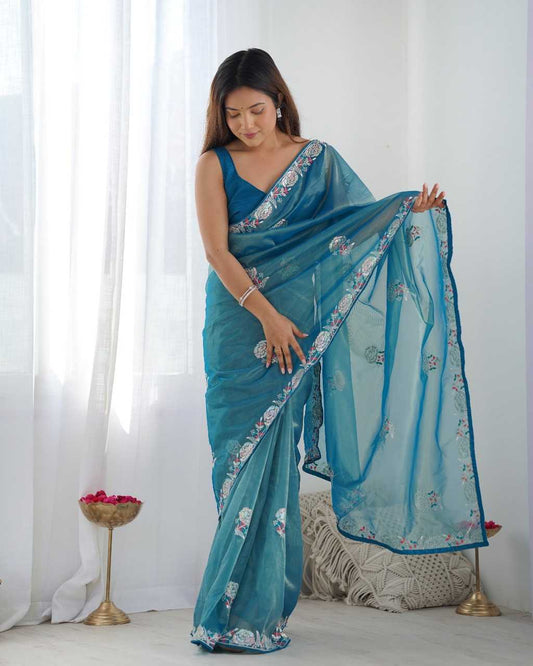 Designer Net Saree with Embroidered Border & Unstitched Banglori Silk Blouse – Party & Festive Wear (Morpich)