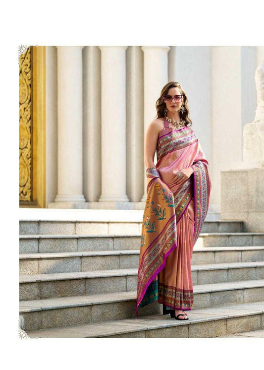 Tissue Silk Party Wear Saree | Elegant Weaving Border & Designer Pallu ✨ | Fancy Silk Saree for Festive Glamour (Onion) - House of ViDi