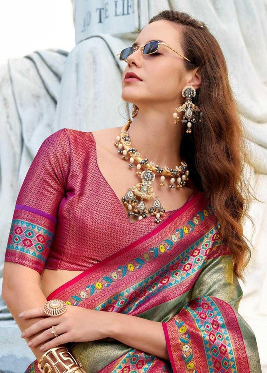 Tissue Silk Party Wear Saree | Elegant Weaving Border & Designer Pallu ✨ | Fancy Silk Saree for Festive Glamour (Rani) - House of ViDi