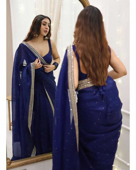Blue Organza Silk Saree with Beads & Sequin Embellishments – Designer Party Wear - House of ViDi