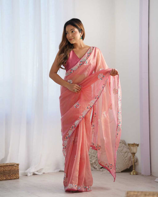 Designer Net Saree with Embroidered Border & Unstitched Banglori Silk Blouse – Party & Festive Wear (Peach)