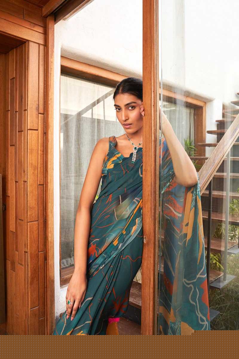 Soft Moss Silk Floral Printed Saree with Unstitched Blouse | Lightweight Summer Wear (Dark Green)